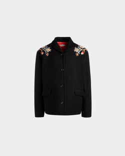 Veste De La Capsule D’hiver En Laine Noire Mélangée Ornée De Fleurs Des Alpes
