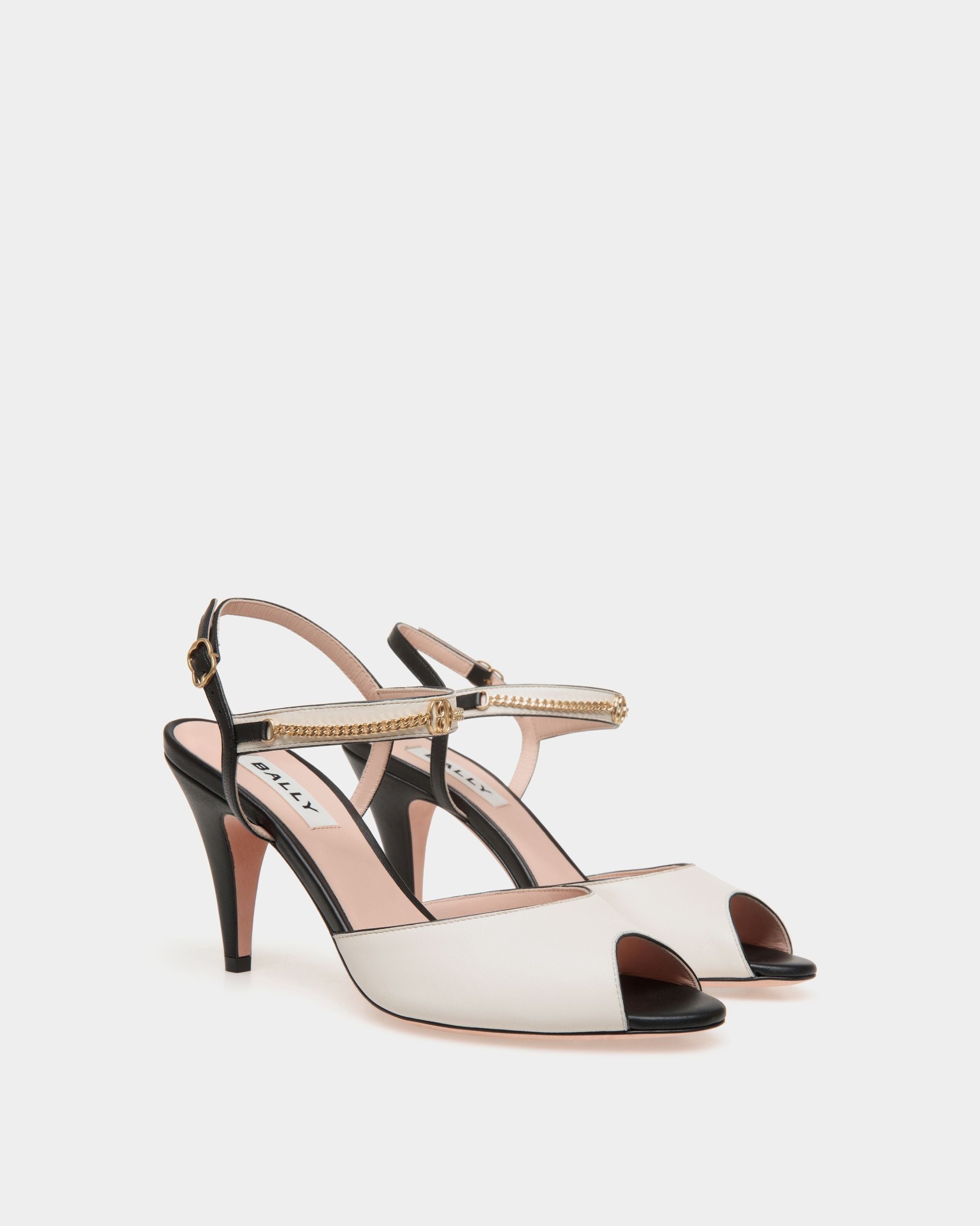 Bally Global - Daily Emblem Heeled Sandal in Black and White Leather - Multicolor
