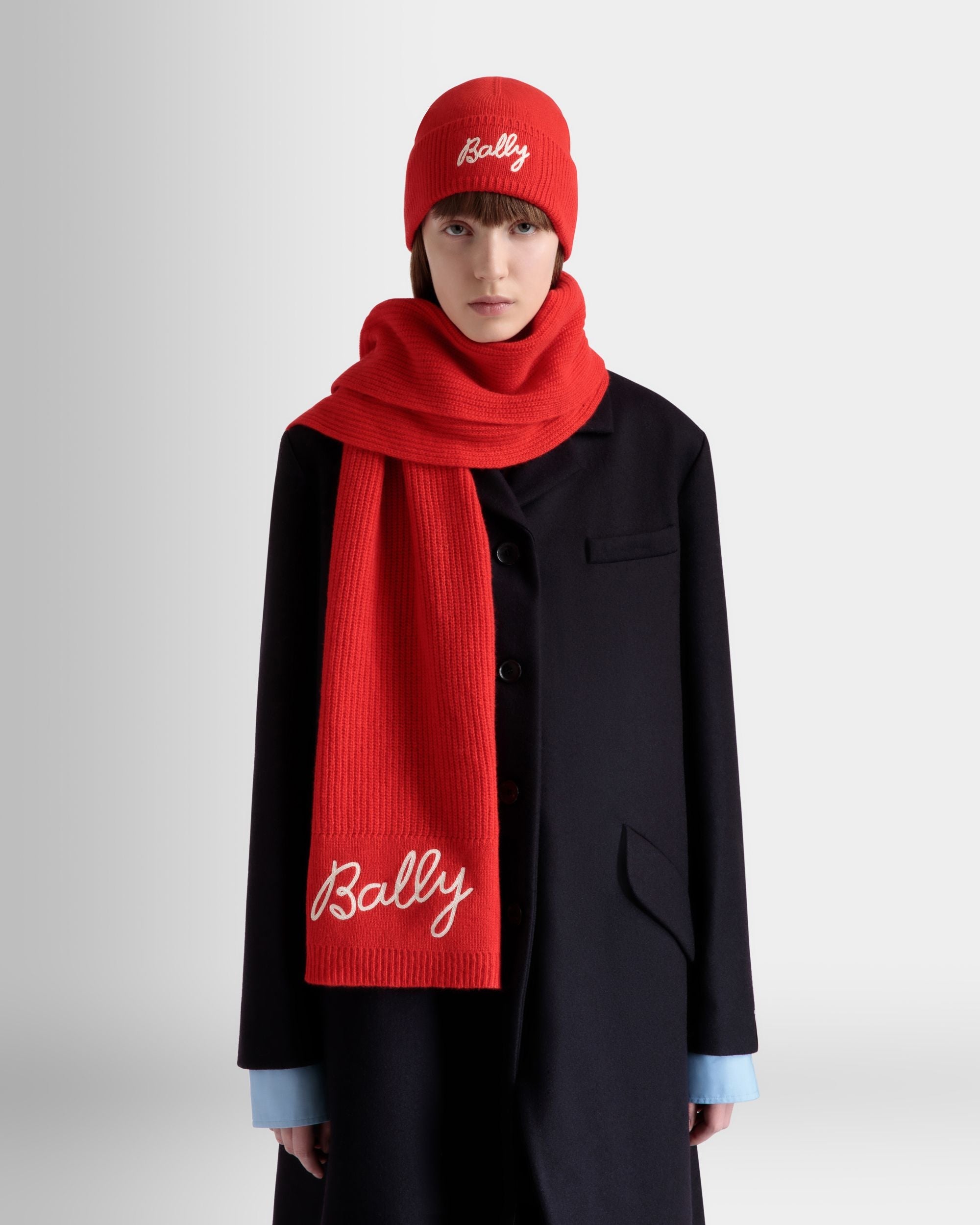 Bally Global - Scarf with Logo In Candy Red Wool - Red