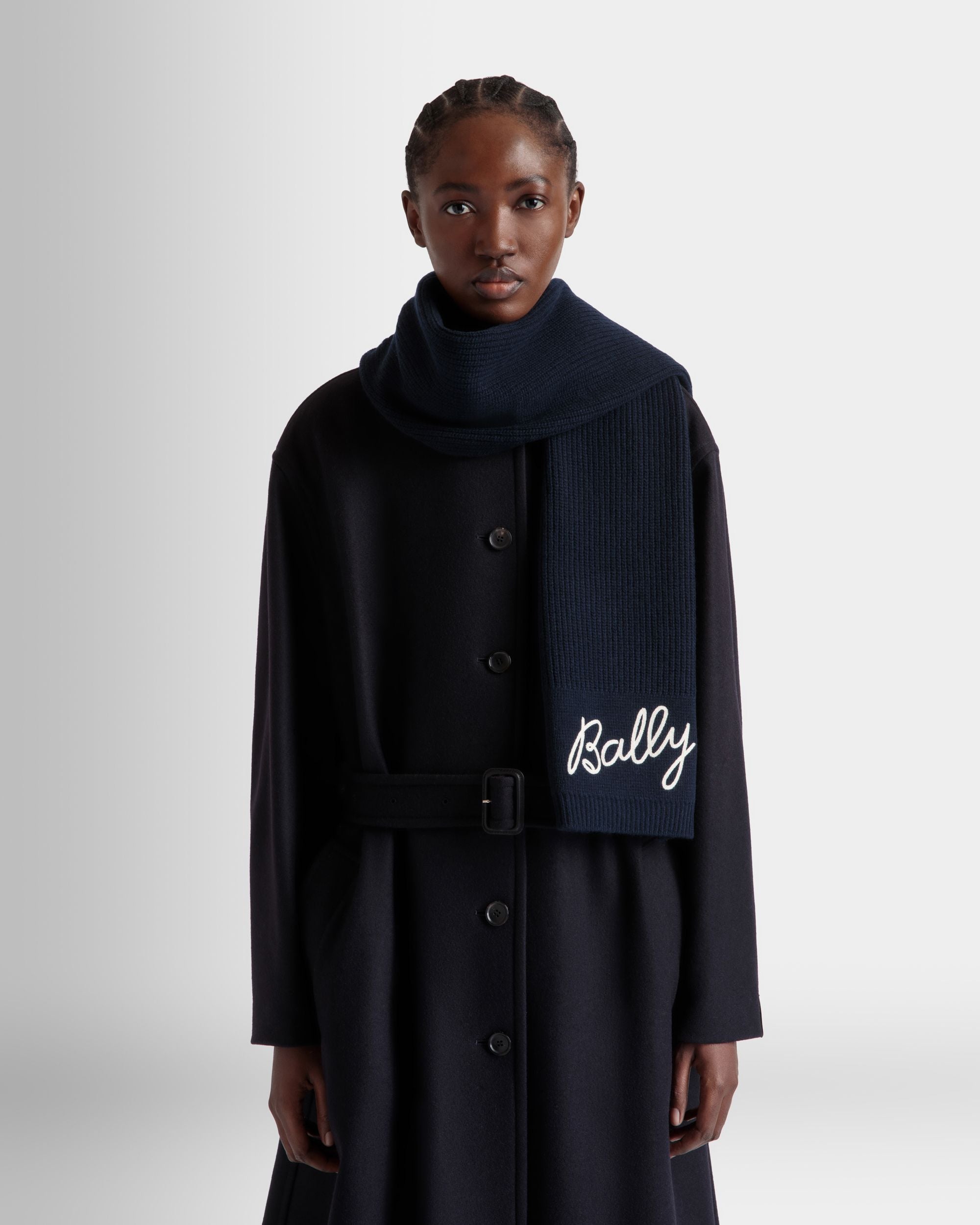 Bally Global - Scarf With Logo In Navy Blue Wool - Blue