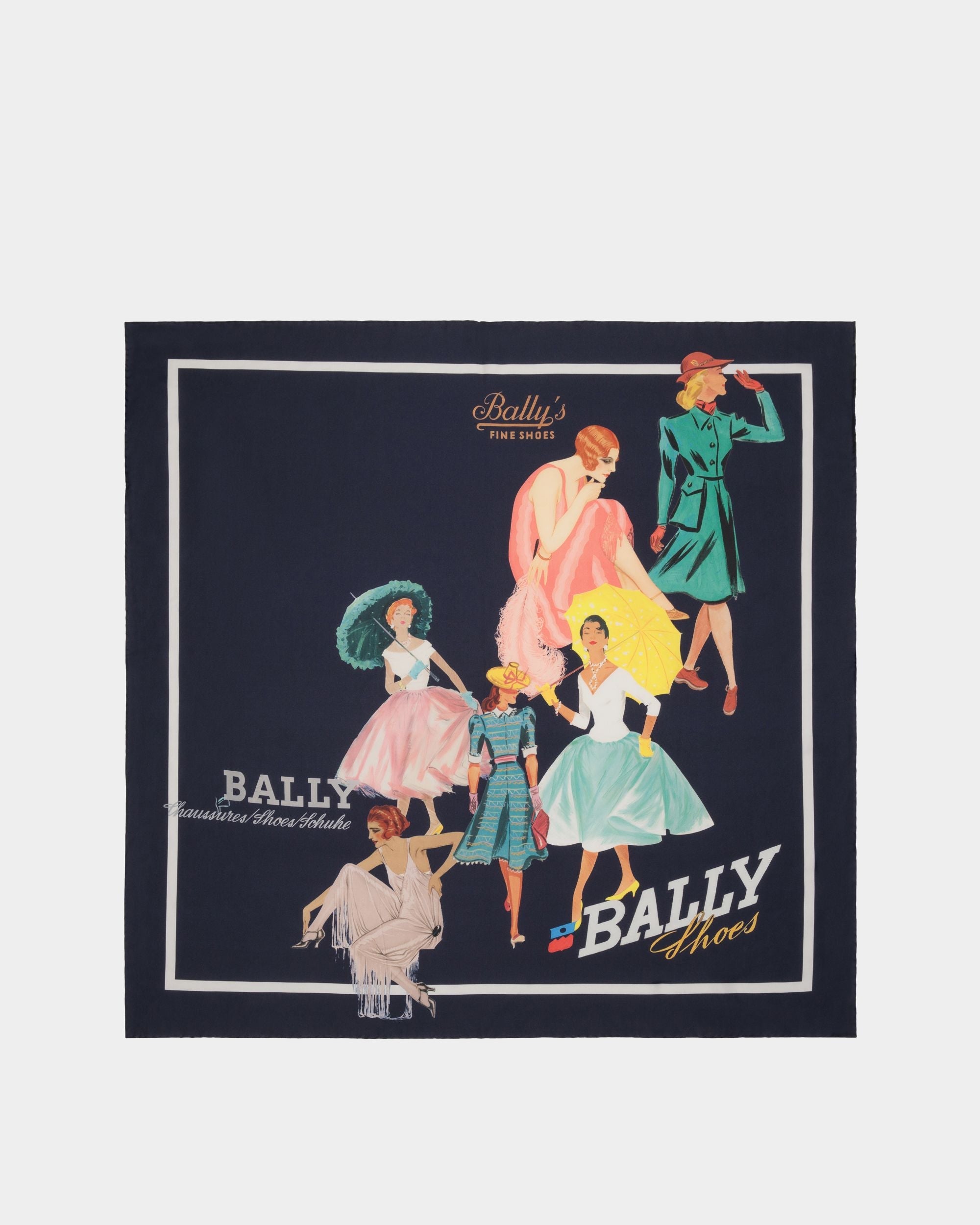 Bally Global - Foulard With Bally Ladies Print In Navy Blue Silk - Blue