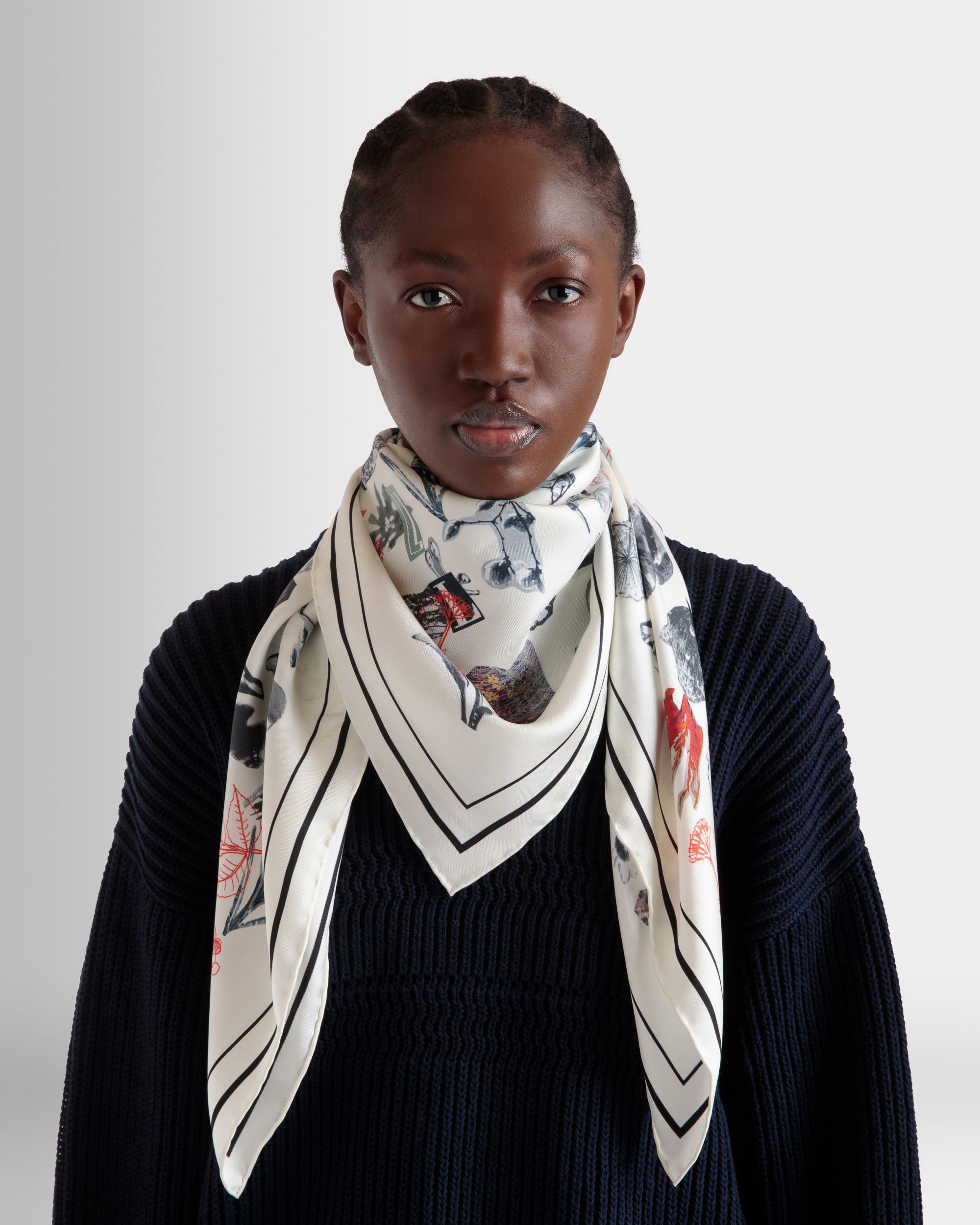 Bally Global - Silk Scarf with a Bally Collage Print in Ivory - White