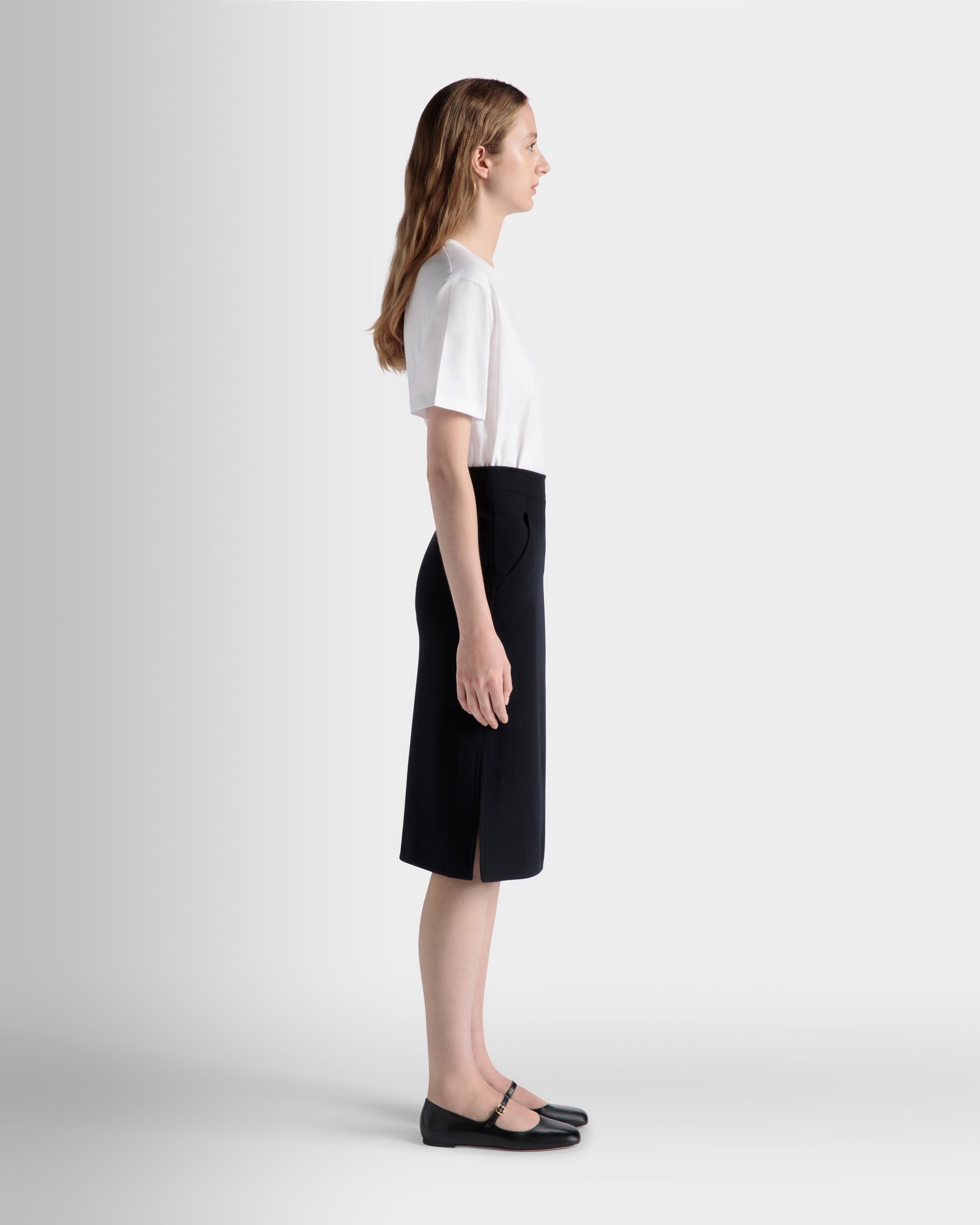 Bally Global - Midi Skirt In Navy Blue Wool - Blue
