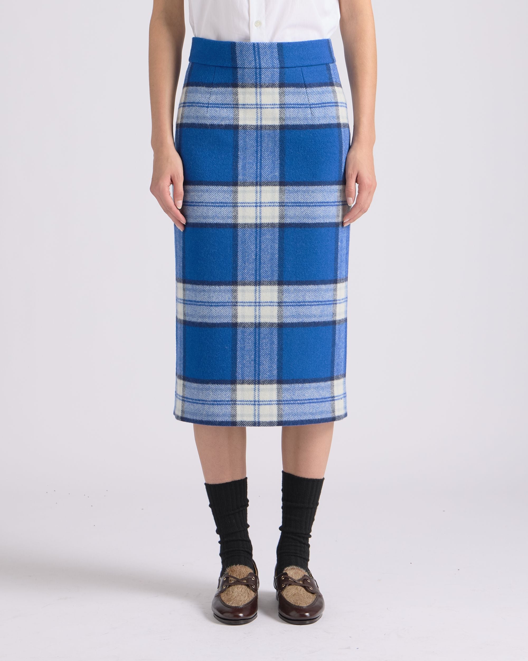 Bally Global - Midi Skirt With a Check Pattern in a Blue Wool Blend - Blue