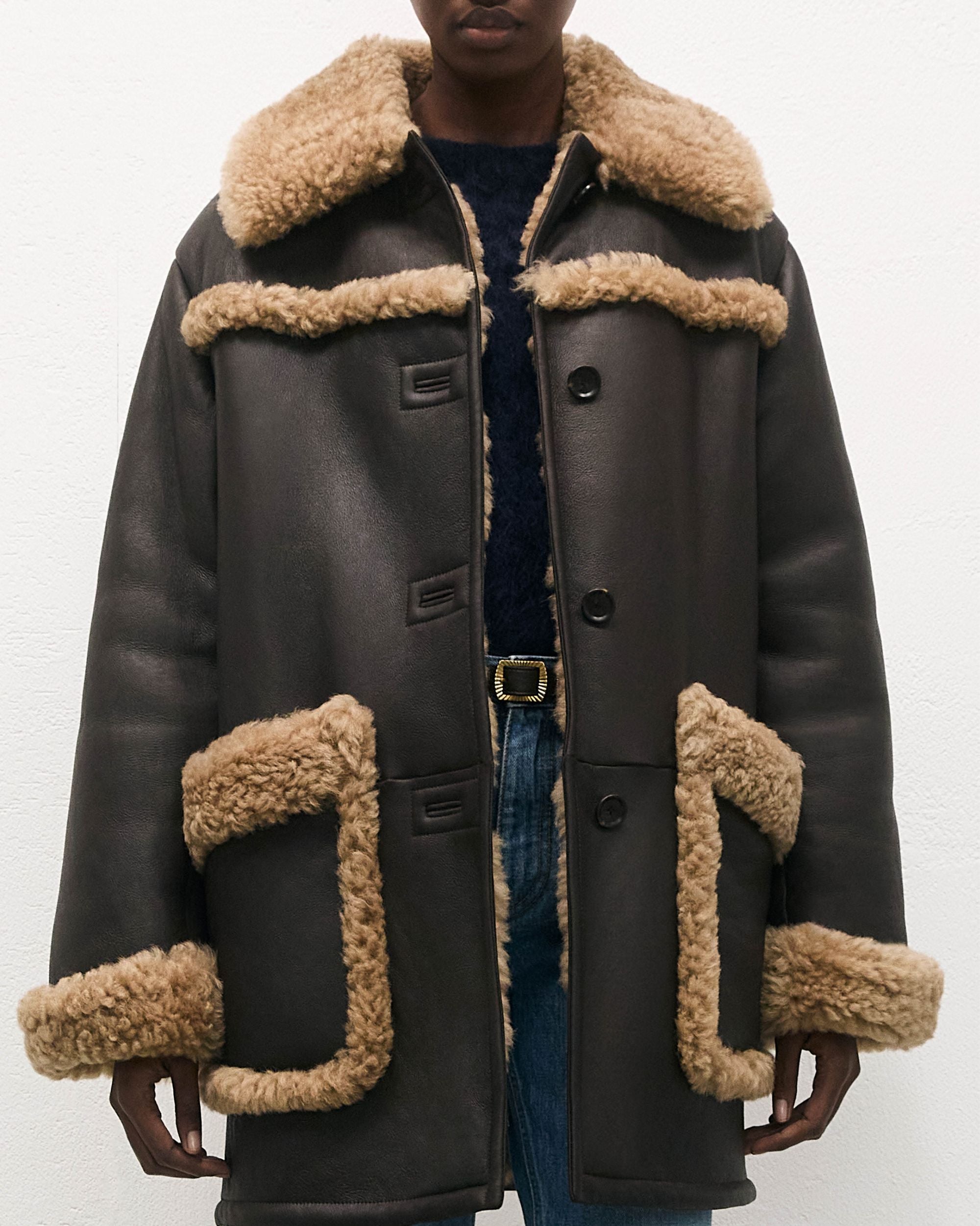 Bally Global - Coat in Brown Leather And Beige Shearling - Brown